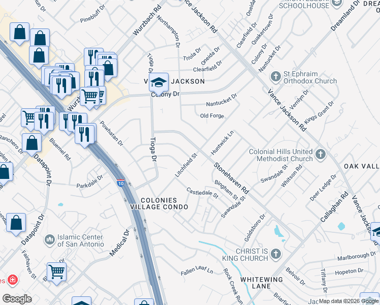 map of restaurants, bars, coffee shops, grocery stores, and more near 3414 Stonehaven Road in San Antonio