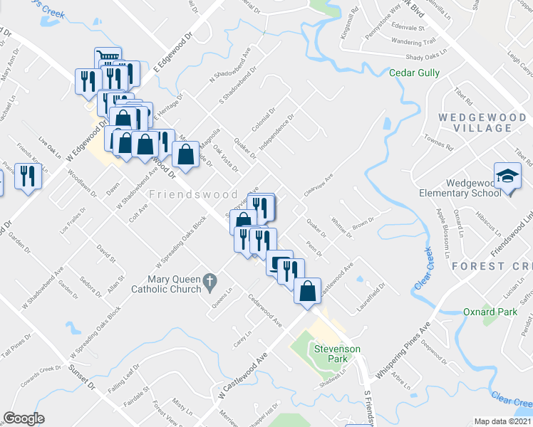 map of restaurants, bars, coffee shops, grocery stores, and more near 201C Skyview Terrace in Friendswood