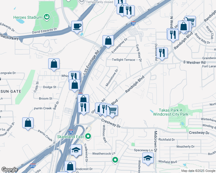 map of restaurants, bars, coffee shops, grocery stores, and more near 122 Crippen Avenue in San Antonio