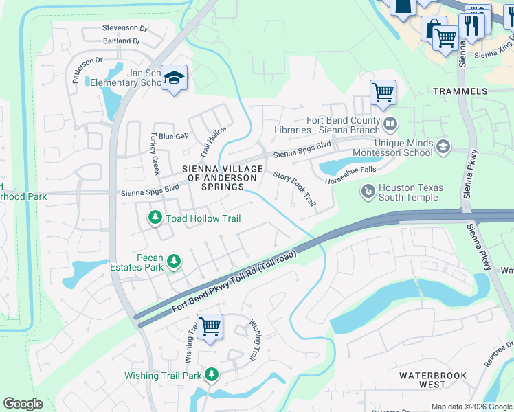 map of restaurants, bars, coffee shops, grocery stores, and more near 7715 Fallen Leaf in Missouri City