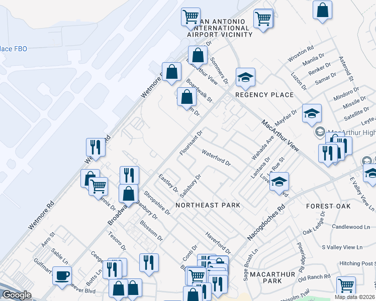 map of restaurants, bars, coffee shops, grocery stores, and more near 2503 Waterford Drive in San Antonio