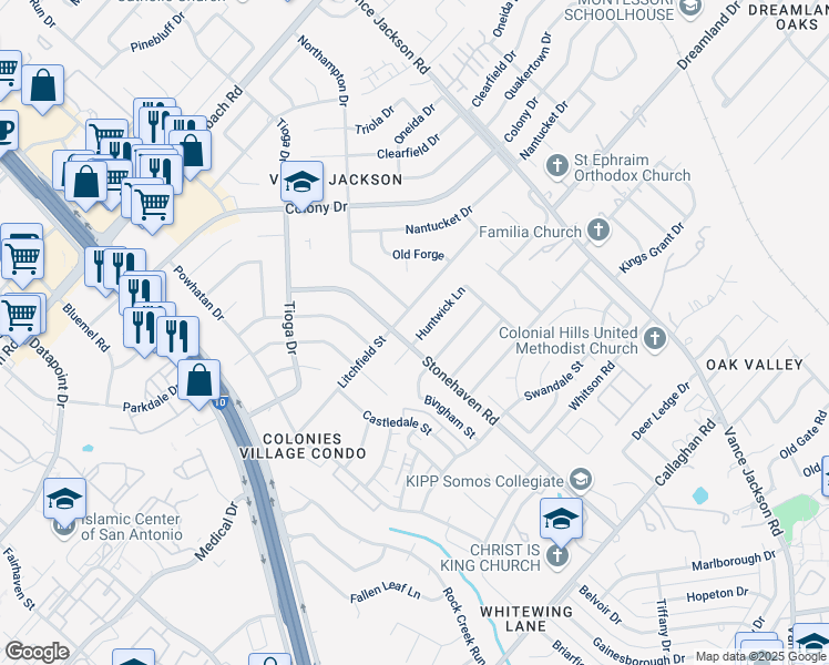 map of restaurants, bars, coffee shops, grocery stores, and more near 3406 Litchfield Street in San Antonio