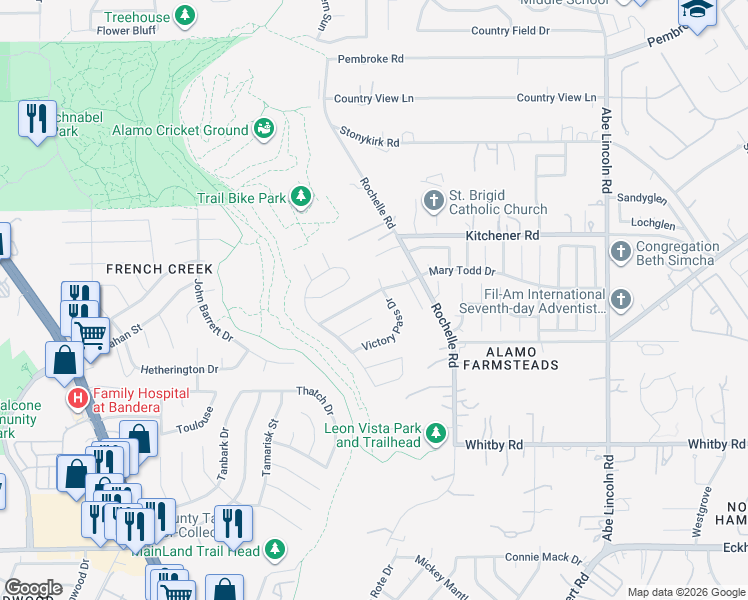 map of restaurants, bars, coffee shops, grocery stores, and more near 7002 Valmont Drive in San Antonio