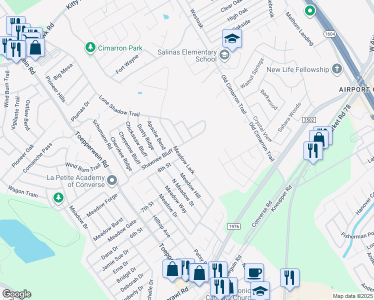map of restaurants, bars, coffee shops, grocery stores, and more near 10134 Shawnee Bluff in Converse