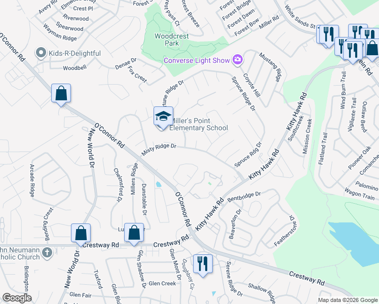 map of restaurants, bars, coffee shops, grocery stores, and more near 9706 Golden Ridge Drive in Converse