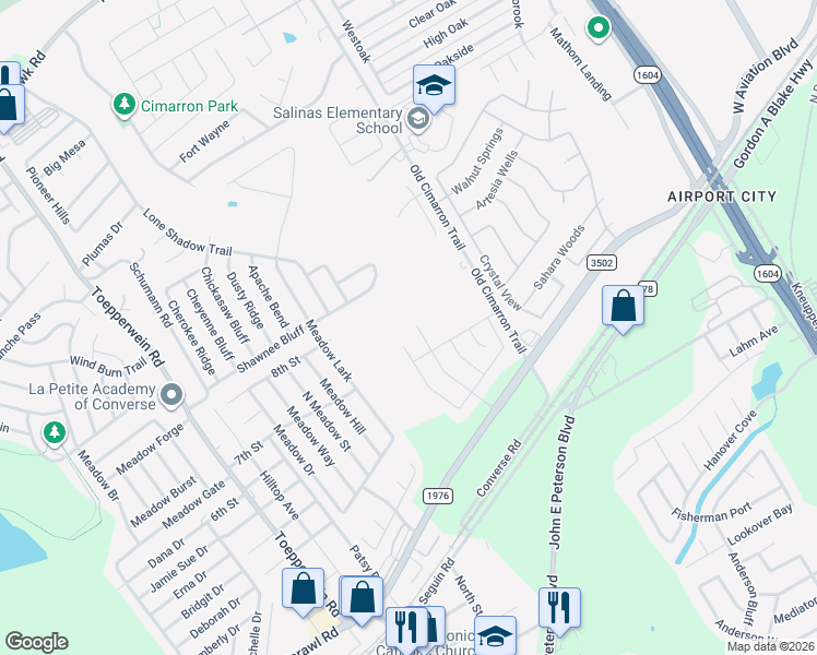 map of restaurants, bars, coffee shops, grocery stores, and more near 8807 Appaloosa Pass in Converse