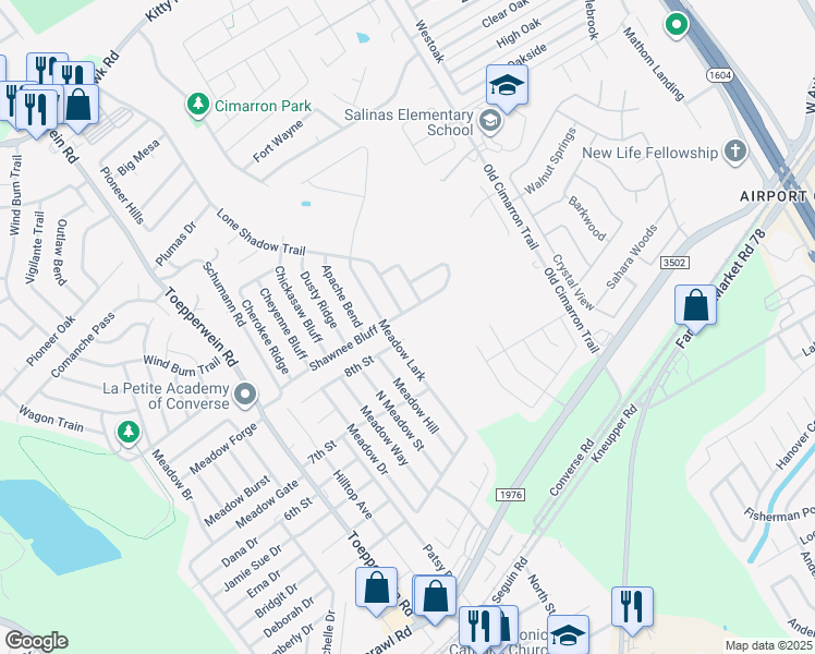 map of restaurants, bars, coffee shops, grocery stores, and more near 10134 Shawnee Bluff in Converse