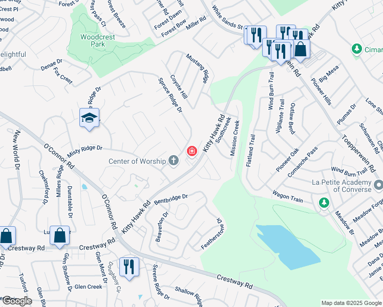 map of restaurants, bars, coffee shops, grocery stores, and more near 10011 Vasso View in Converse
