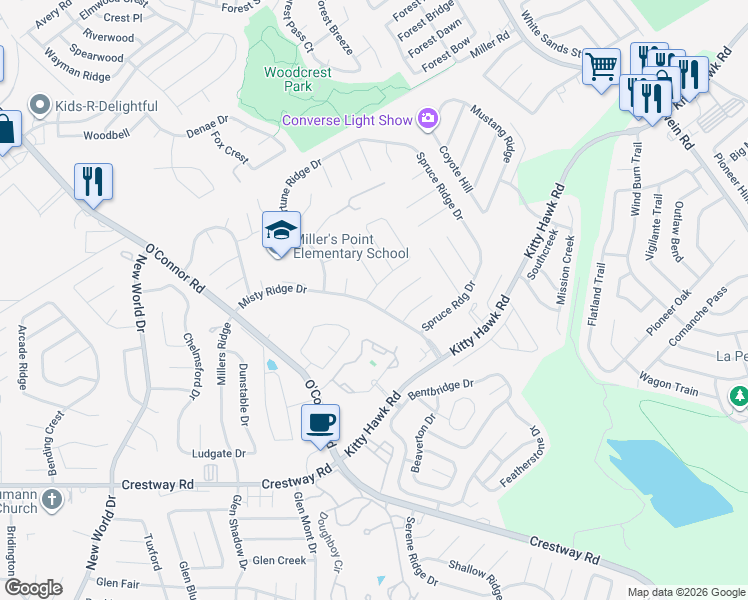 map of restaurants, bars, coffee shops, grocery stores, and more near 7214 Frontier Ridge Drive in Converse