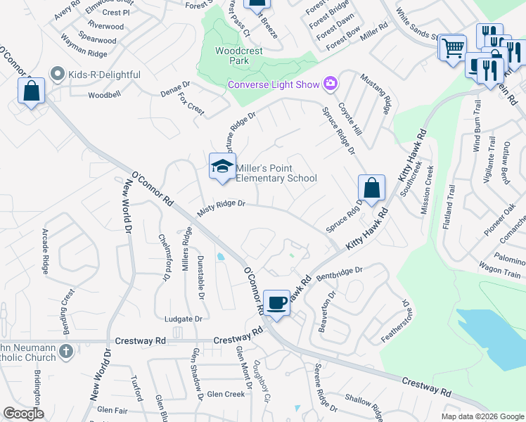 map of restaurants, bars, coffee shops, grocery stores, and more near 9706 Golden Ridge Drive in Converse