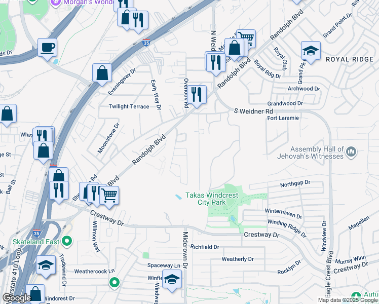 map of restaurants, bars, coffee shops, grocery stores, and more near 10 Basin Elm in San Antonio
