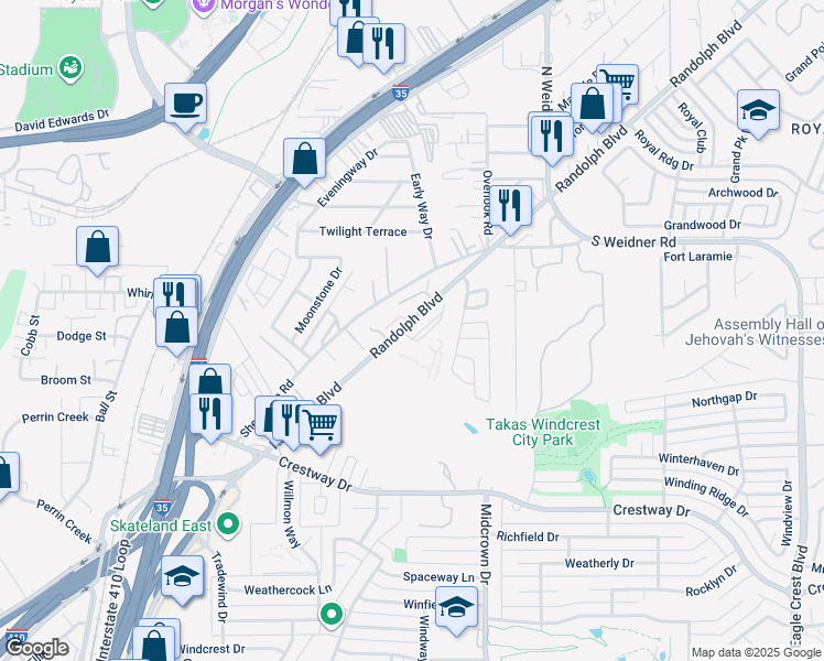 map of restaurants, bars, coffee shops, grocery stores, and more near 5410 Sherri Ann Road in San Antonio