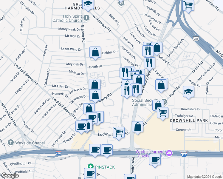 map of restaurants, bars, coffee shops, grocery stores, and more near 528 Southtrail Drive in San Antonio