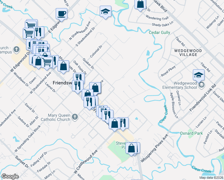map of restaurants, bars, coffee shops, grocery stores, and more near 210 Clearview Avenue in Friendswood