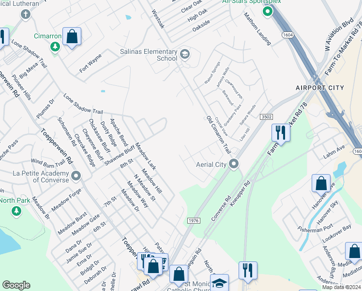 map of restaurants, bars, coffee shops, grocery stores, and more near 8807 Appaloosa Pass in Converse