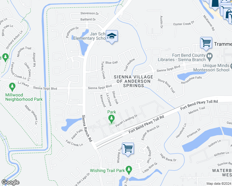 map of restaurants, bars, coffee shops, grocery stores, and more near 5830 Silver Oak in Missouri City