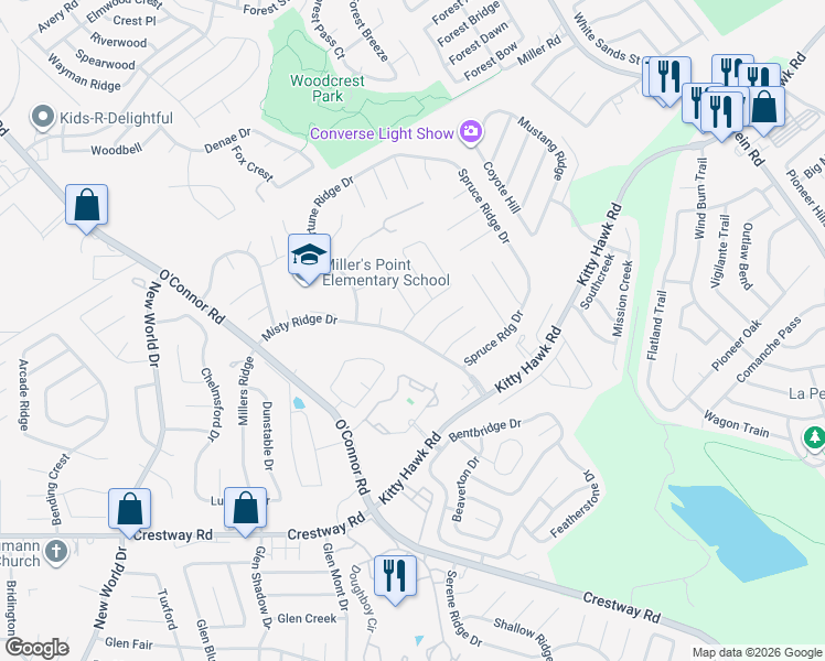 map of restaurants, bars, coffee shops, grocery stores, and more near 7214 Frontier Ridge Drive in Converse