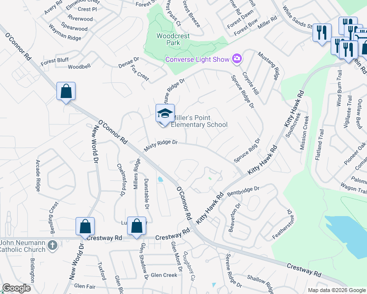 map of restaurants, bars, coffee shops, grocery stores, and more near 9703 Fortune Ridge Drive in Converse