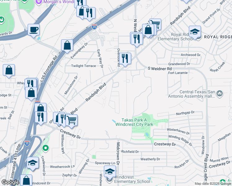 map of restaurants, bars, coffee shops, grocery stores, and more near 10 Basin Elm in San Antonio