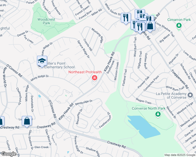 map of restaurants, bars, coffee shops, grocery stores, and more near 10010 Vasso View in Converse