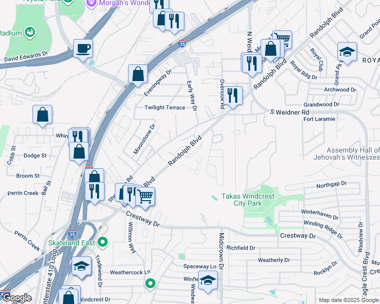 map of restaurants, bars, coffee shops, grocery stores, and more near 5410 Sherri Ann Road in San Antonio