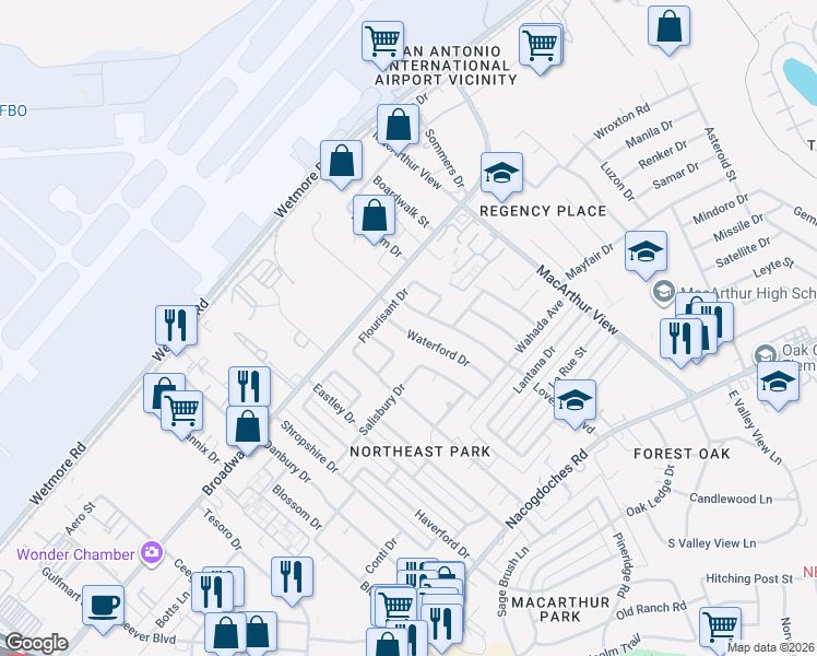 map of restaurants, bars, coffee shops, grocery stores, and more near 2503 Waterford Drive in San Antonio