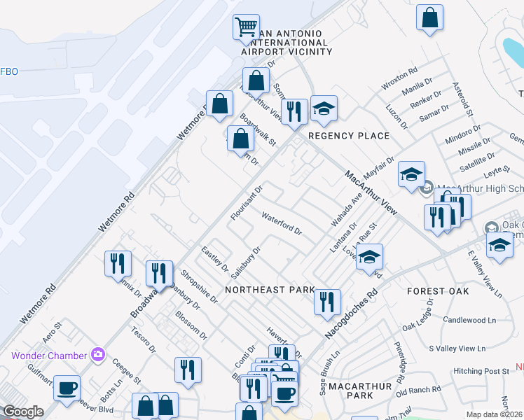 map of restaurants, bars, coffee shops, grocery stores, and more near 2503 Waterford Drive in San Antonio