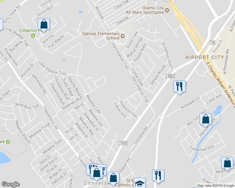 map of restaurants, bars, coffee shops, grocery stores, and more near 8807 Appaloosa Pass in Converse