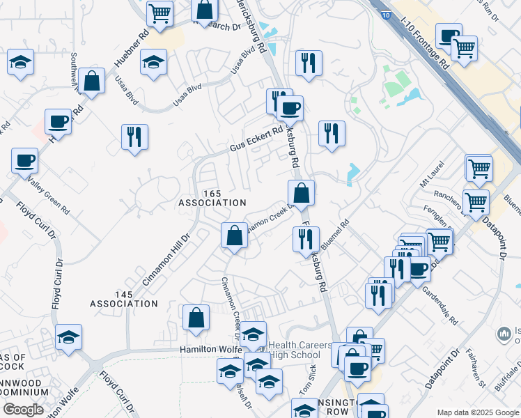 map of restaurants, bars, coffee shops, grocery stores, and more near 9639 Fredericksburg Road in San Antonio