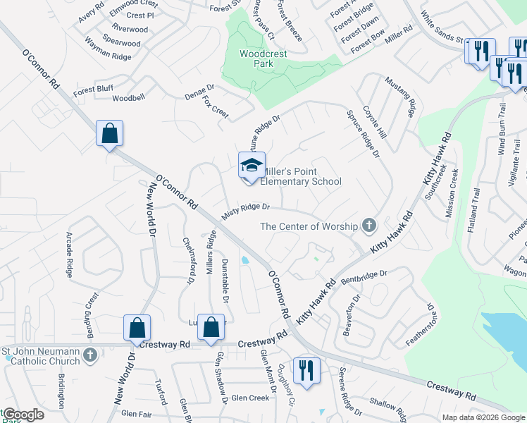 map of restaurants, bars, coffee shops, grocery stores, and more near 9703 Fortune Ridge Drive in Converse