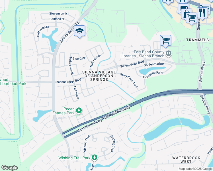 map of restaurants, bars, coffee shops, grocery stores, and more near 7703 Fallen Leaf in Missouri City
