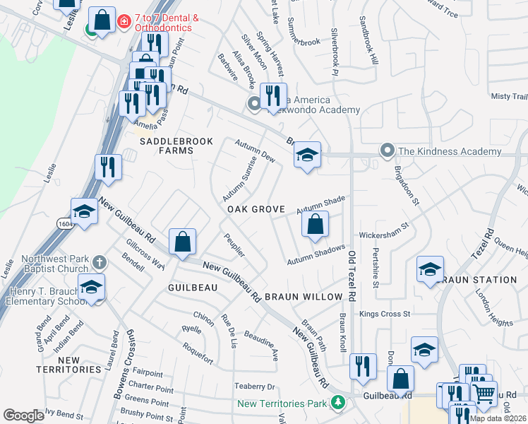 map of restaurants, bars, coffee shops, grocery stores, and more near 9223 Autumn Storm in San Antonio