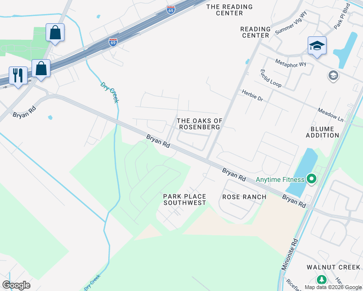 map of restaurants, bars, coffee shops, grocery stores, and more near 5414 Cunningham Lane in Rosenberg