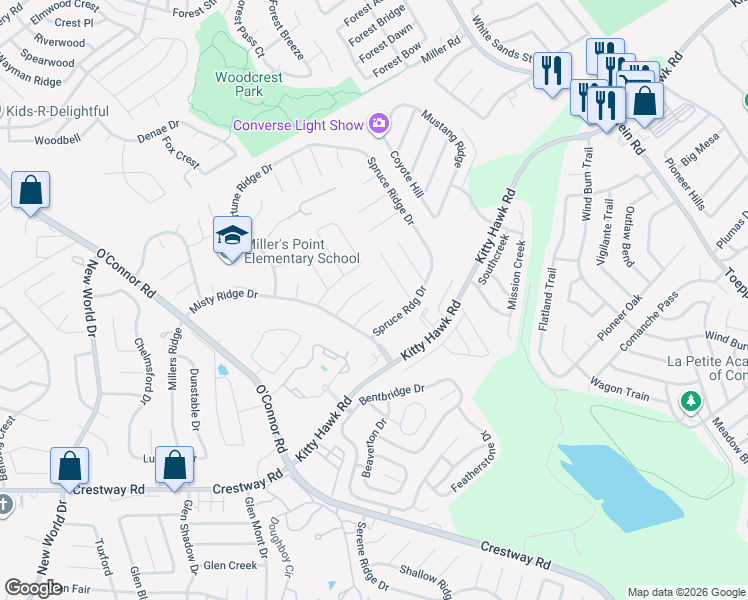 map of restaurants, bars, coffee shops, grocery stores, and more near 7230 Southern Ridge in Converse