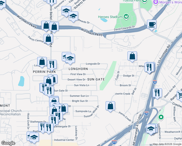 map of restaurants, bars, coffee shops, grocery stores, and more near 4431 First View Drive in San Antonio