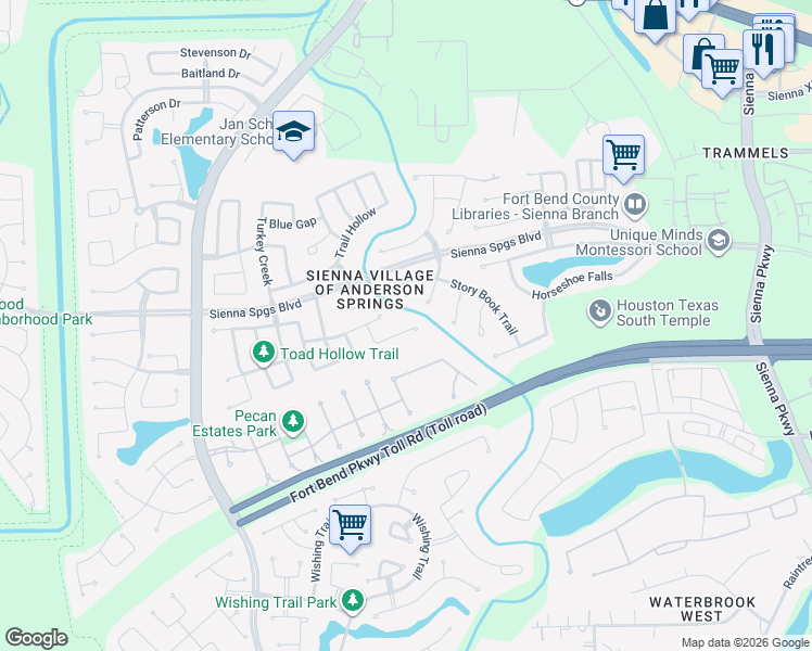 map of restaurants, bars, coffee shops, grocery stores, and more near 7715 Fallen Leaf in Missouri City