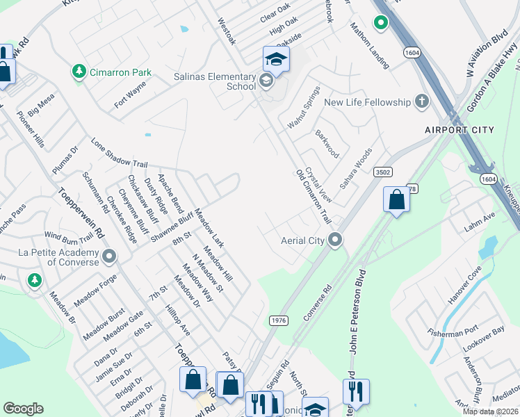 map of restaurants, bars, coffee shops, grocery stores, and more near 8806 Appaloosa Pass in Converse