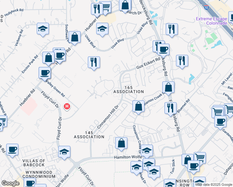 map of restaurants, bars, coffee shops, grocery stores, and more near 9203 Cinnamon Hill Drive in San Antonio