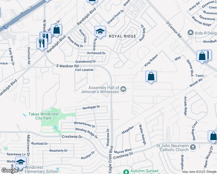 map of restaurants, bars, coffee shops, grocery stores, and more near 9915 Dull Knife Way in San Antonio