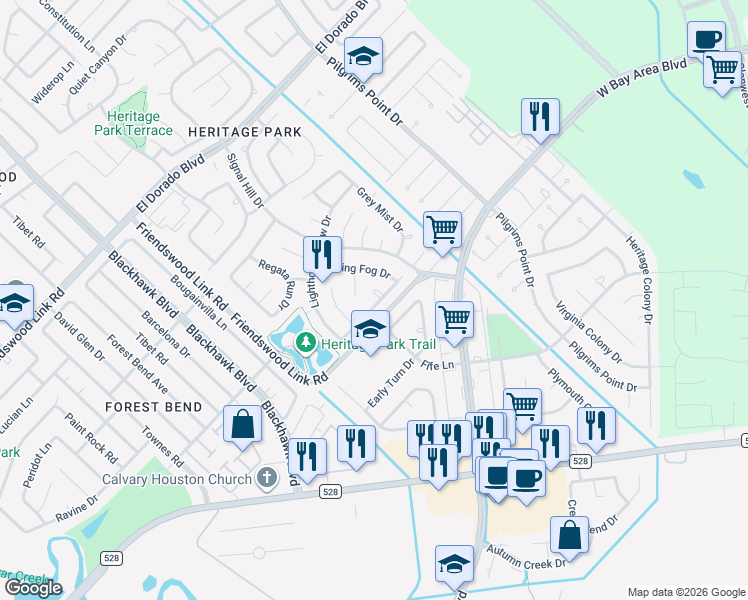 map of restaurants, bars, coffee shops, grocery stores, and more near 17013 Sailors Moon Court in Friendswood