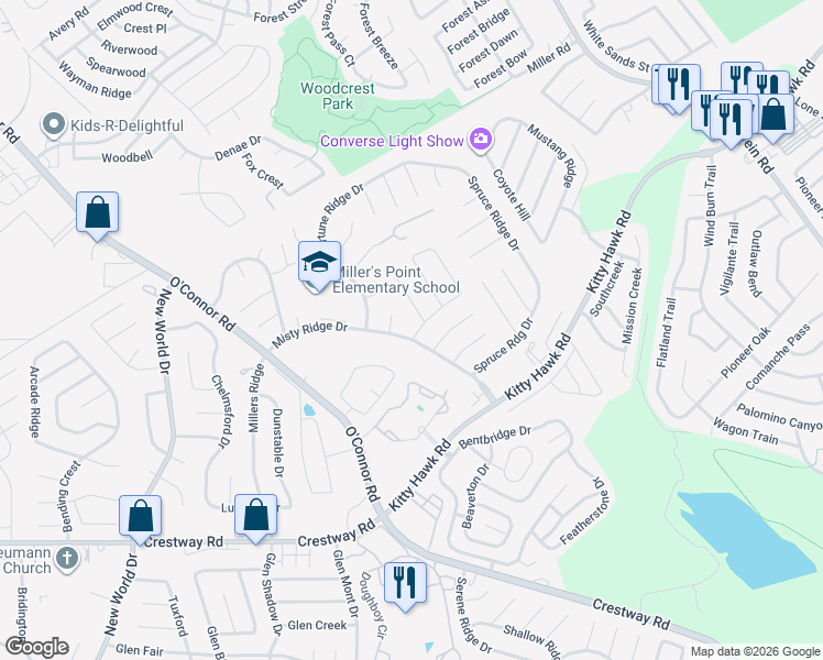 map of restaurants, bars, coffee shops, grocery stores, and more near 7214 Frontier Ridge Drive in Converse