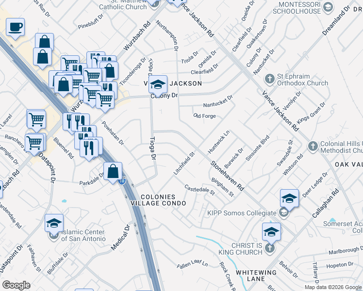 map of restaurants, bars, coffee shops, grocery stores, and more near 3414 Stonehaven Road in San Antonio