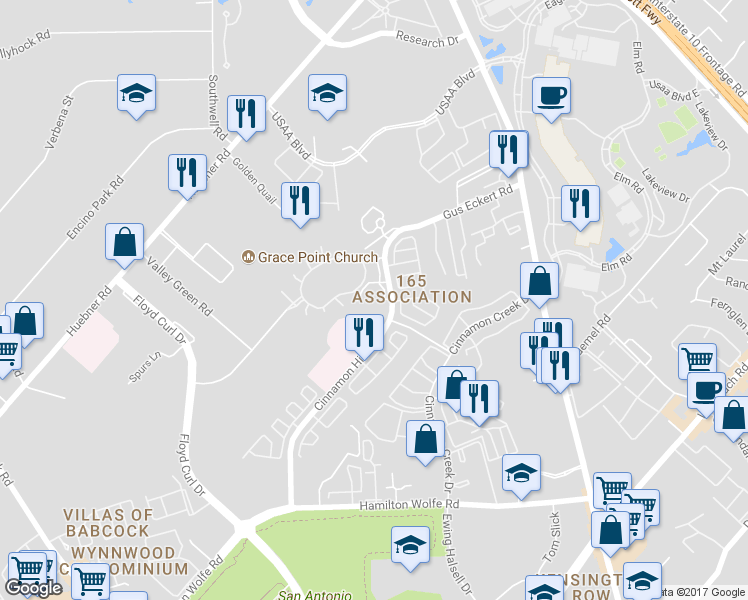 map of restaurants, bars, coffee shops, grocery stores, and more near 9203 Cinnamon Hill Drive in San Antonio