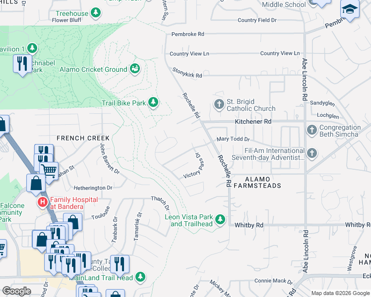 map of restaurants, bars, coffee shops, grocery stores, and more near 7002 Valmont Drive in San Antonio