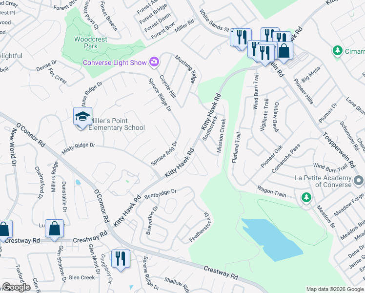 map of restaurants, bars, coffee shops, grocery stores, and more near 10007 Vasso View in Converse