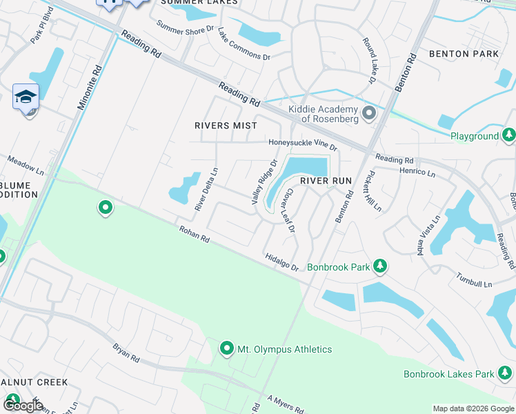 map of restaurants, bars, coffee shops, grocery stores, and more near 907 Valley Ridge Drive in Rosenberg