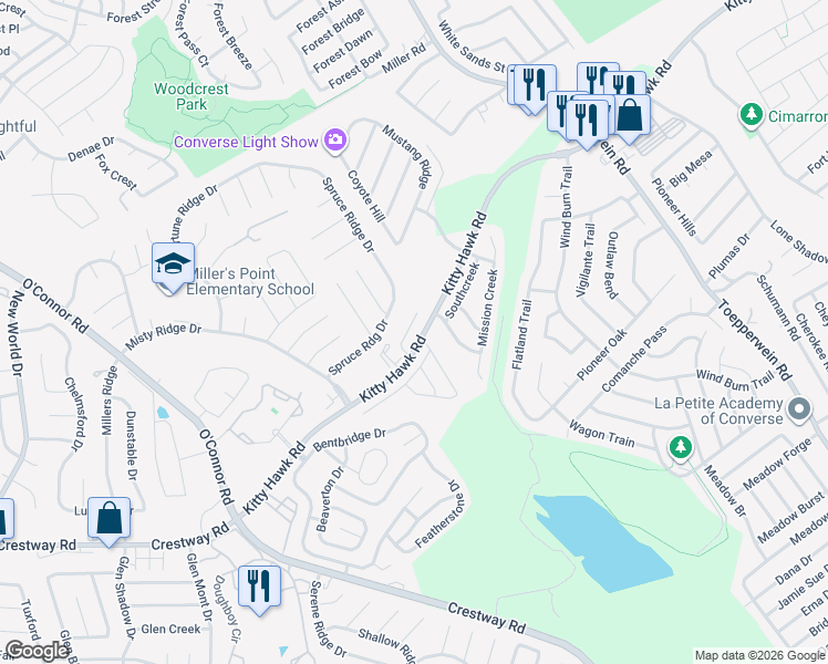 map of restaurants, bars, coffee shops, grocery stores, and more near 10014 Vasso View in Converse