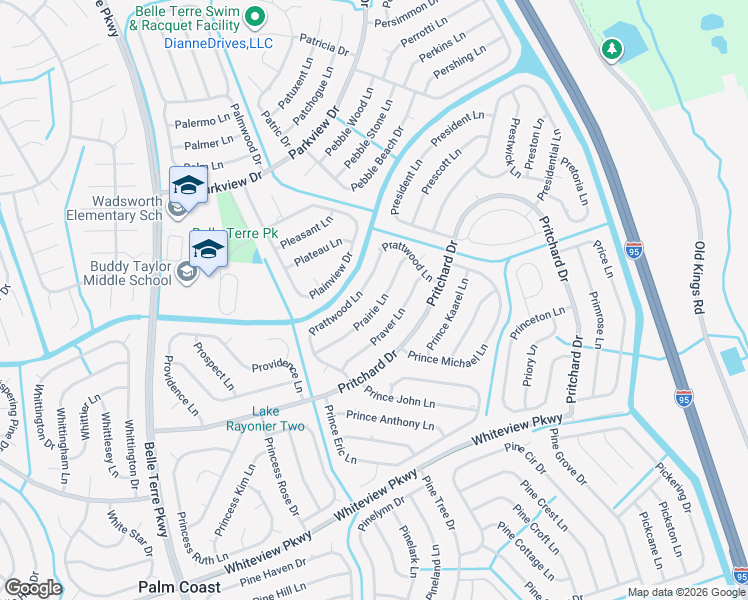 map of restaurants, bars, coffee shops, grocery stores, and more near 25 Prairie Lane in Palm Coast