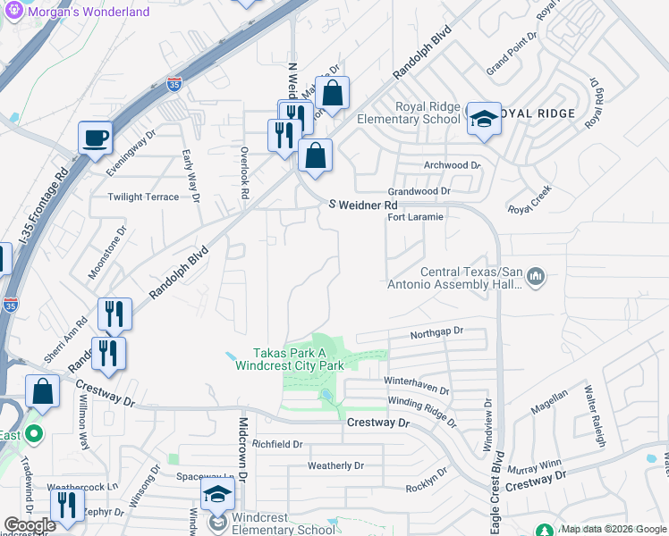 map of restaurants, bars, coffee shops, grocery stores, and more near 9320 Jim Seal Drive in San Antonio