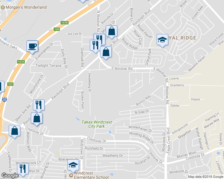 map of restaurants, bars, coffee shops, grocery stores, and more near 9320 Jim Seal Drive in San Antonio